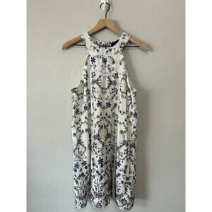 Blue Rain White & Blue Floral Halter Dress Keyhole Back Crochet Details Size M